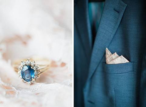Navy wedding day accents. The blue grooms wedding day suit and a sapphire and diamond wedding ring