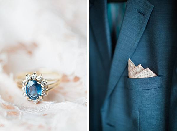 Navy wedding day accents. The blue grooms wedding day suit and a sapphire and diamond wedding ring