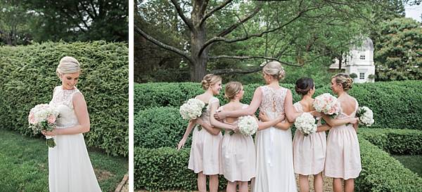 Bride and bridal party with dresses with lace accents. This picture was taken in the gardens of the William Paca House