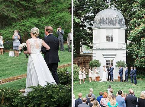 Father walking his daughter down the isle for the outdoor wedding ceremony at William Paca House. 