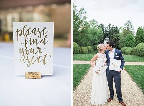 Gold table cards placed inside a wine cork. The bride and groom holding Mr. & Mrs. signs at their Annapolis Wedding Venue. 
