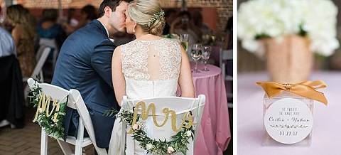 Wedding day chair signs that say Mr. & Mrs woven with greens. There is also a picture of the wedding day favors. 