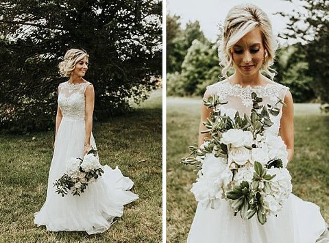 bridal portrait of bride wearing a line dress with lace top and beaded bodice. There is another picture with the bridal bouquet of all white flowers. 