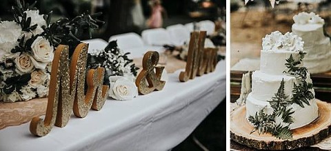 Head Table Carved Mr & Mrs Signs and Wedding Cake are pictured here by We Are the Cashmans for Charm City Wed