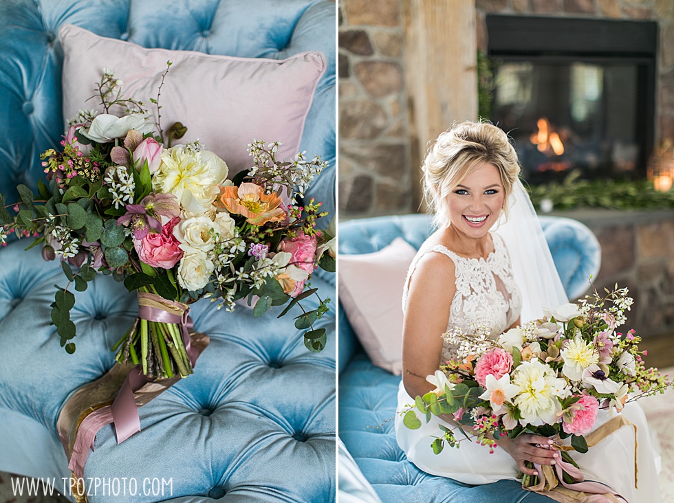 Bride in front of a fireplace Rose Barn Wedding Reception • tPoz Photography
